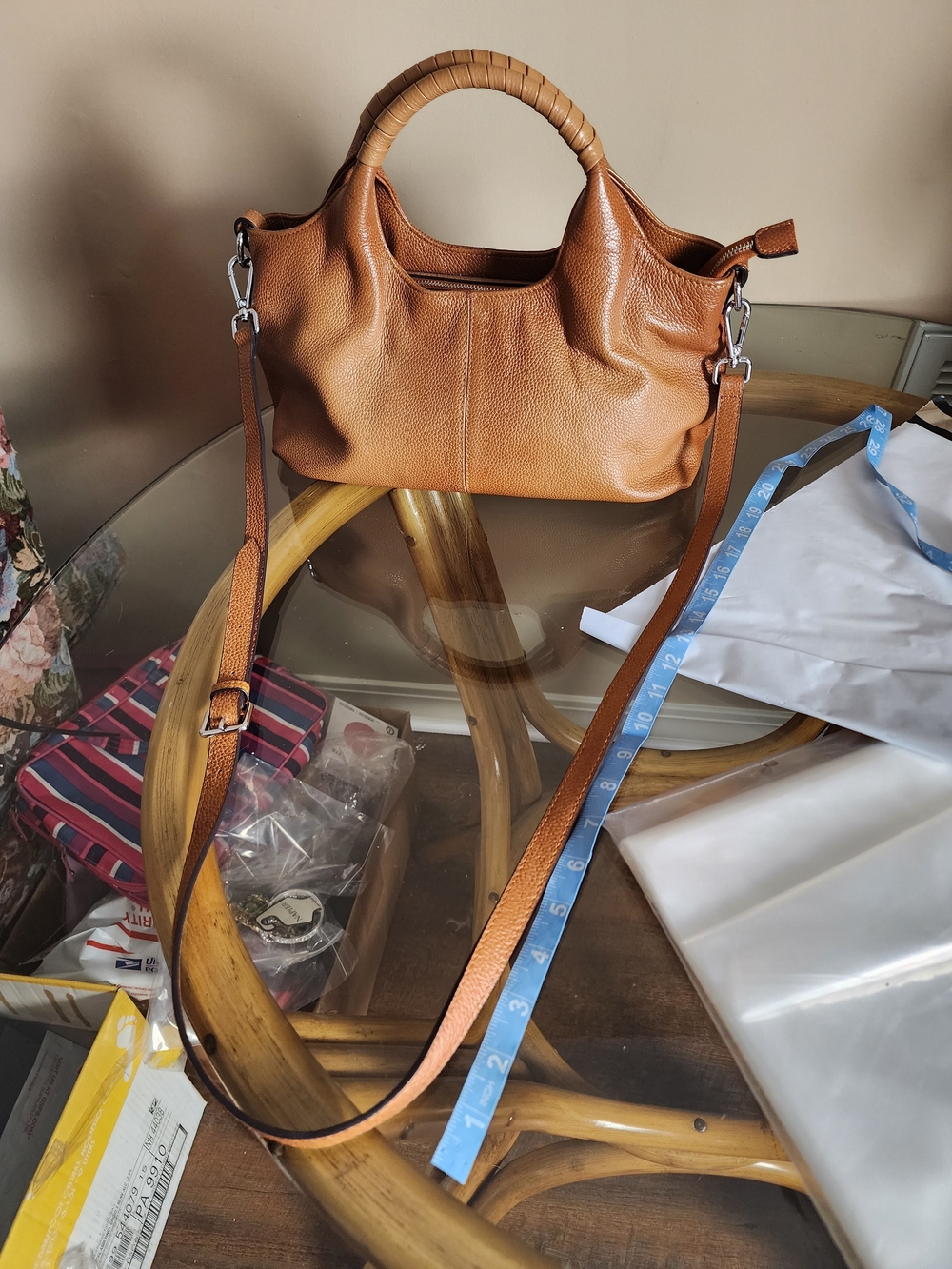 Structured Tan Leather Shoulder Bag with Wrapped Top Handle - Picture 5 of 15
